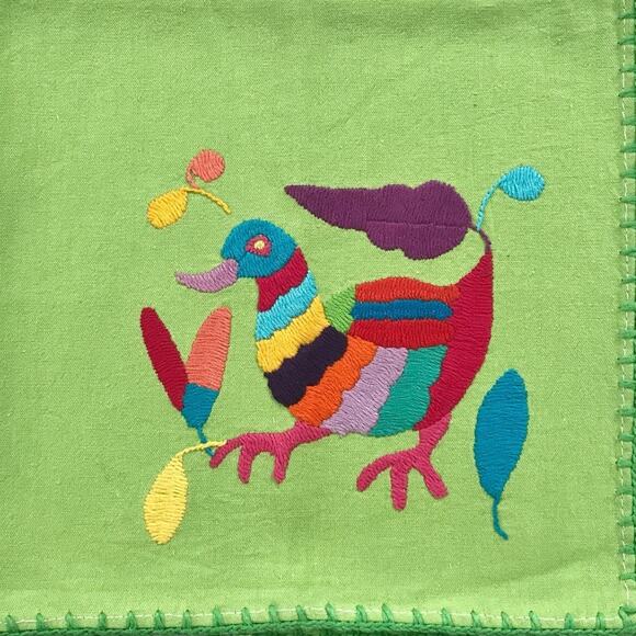 Otomi Napkins 4 Hand Embroidered Set Tenangos Green Deer Mermaid Duck & Fish - Picture 11 of 11